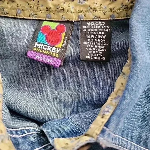 Mickey Unlimited 14W 16W Blue Jean Button Up Top Shirt Mickey Short Sleeve - Picture 5 of 5